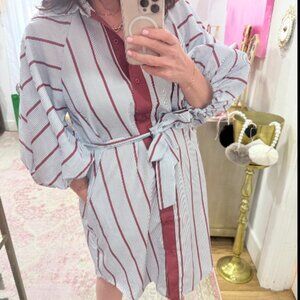 NWT BEULAH STYLE Jason Multi Striped Contrast Belted Midi Shirt Dress